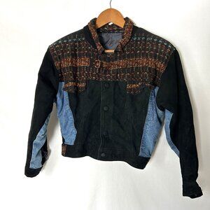 Vintage 80's Suede Denim Crop Jacket w Fringe L Aztec Print